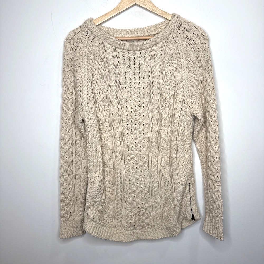Vintage LL Bean Chunky Fisherman Signature Sweater Women XS Cream Cable Knit Zip